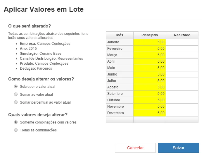 Diálogo do aplicativo para aplicar valores em lotes mensais destacados em amarelo