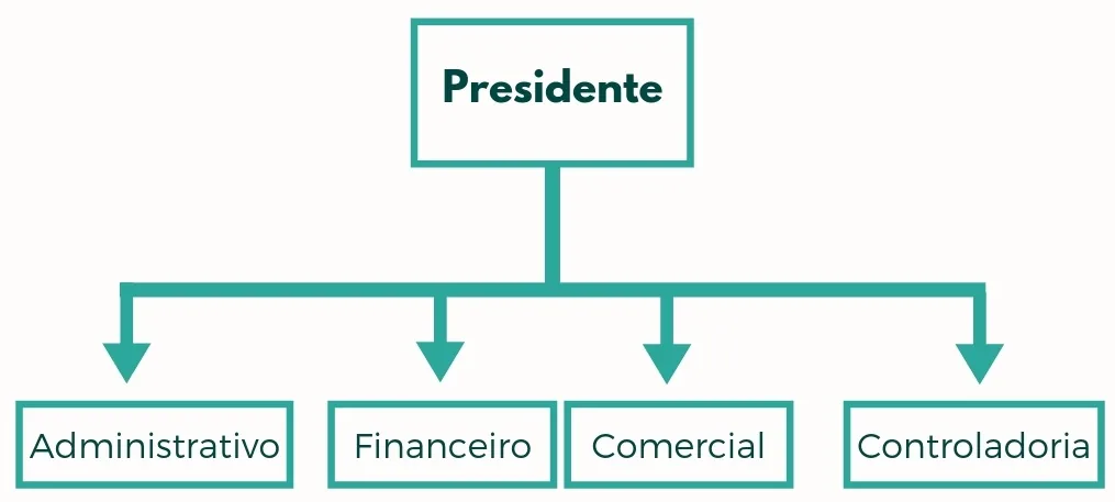 Organograma de segunda estrutura de controladoria ilustrando o que faz presidente e departamentos