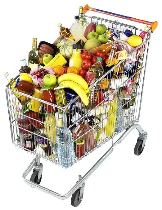 Carrinho de compras repleto gestão orçamentária alimentos bebidas coloridas isolado