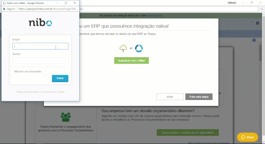 Tela de autenticação Nibo integrada com Treasy para gestão financeira conectada