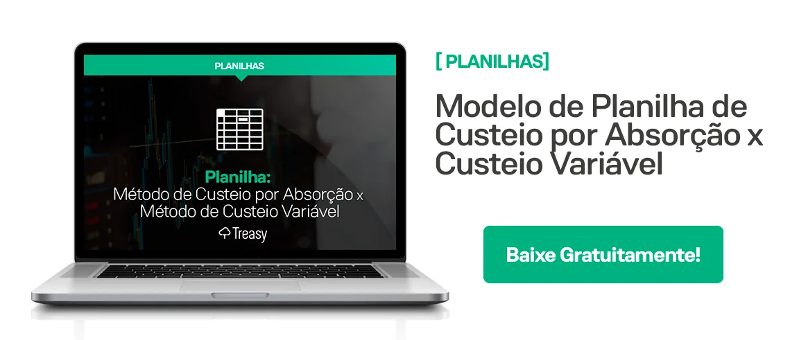 Laptop exibe planilha de custeio de absorção com comparação métodos