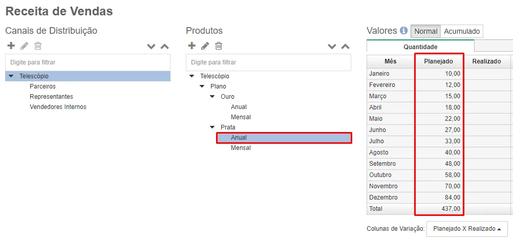 Tabela de receita SaaS pagamento com filtros de produtos, canal e quantidade