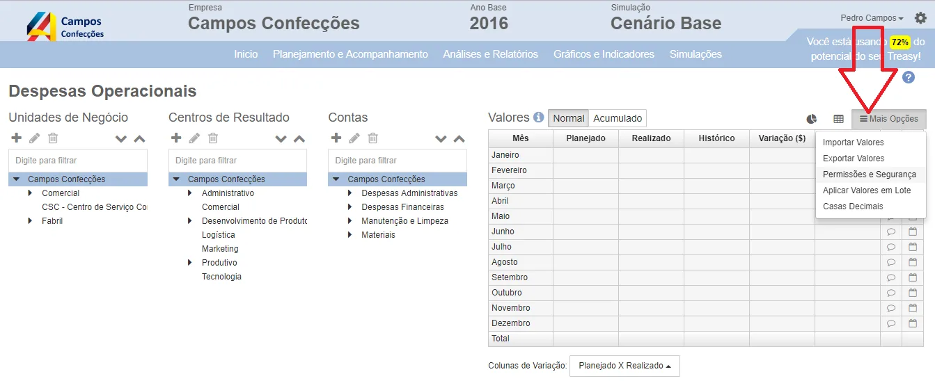 Tela de alteração da matriz de permissões de usuários no sistema Treasy