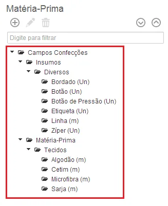 Menu de estrutura hierárquica de orçamento de produção exemplo com materiais e componentes