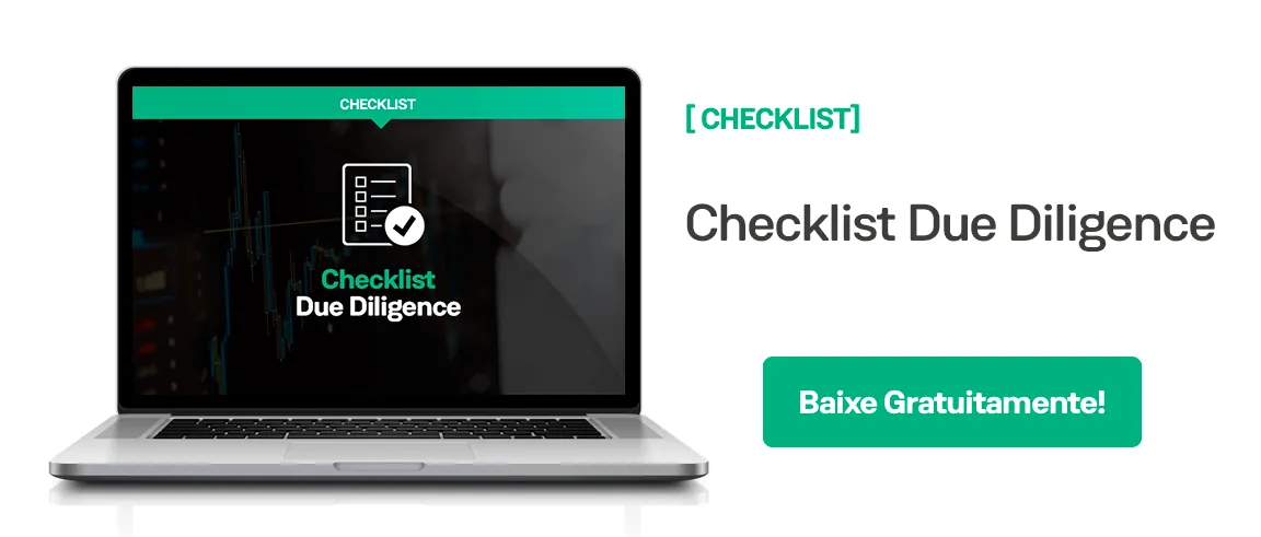 Checklist de due diligence em tela de laptop com chamada para download de auditoria e due diligence gratuita