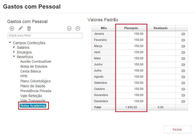 Tela do Treasy exibindo gastos padrão mensais pessoal valores em reais destacados vermelho