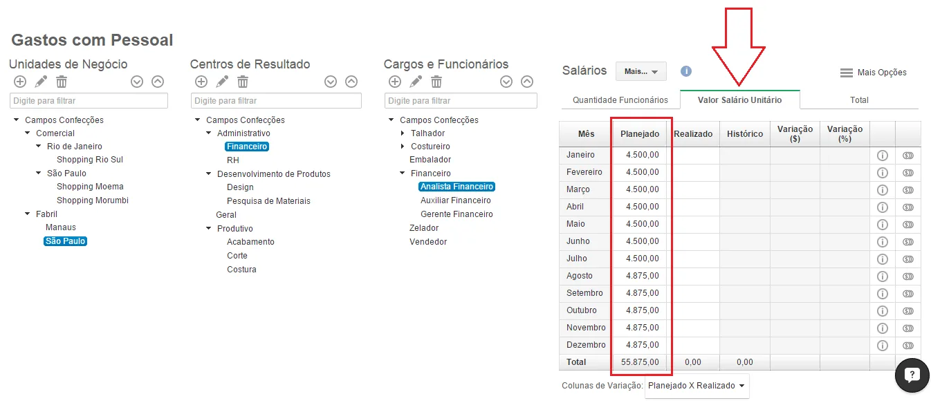 Tabela financeira demonstrando projeção de resultados com salário unitário planejado realizado