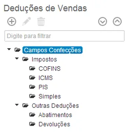 Interface de software exibindo estrutura hierárquica de campos de receita de vendas