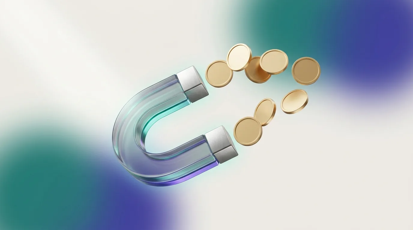Um núcleo de luz teal pulsante ao lado de uma pilha alta de moedas douradas, representando a alternativa tecnológica ao Power BI para o financeiro