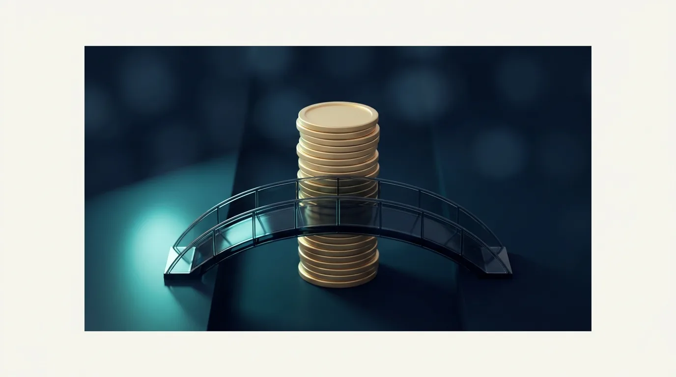 Degraus luminosos subindo com uma pilha de moedas douradas no topo, representando visao estrategica de longo prazo no orcamento de RH