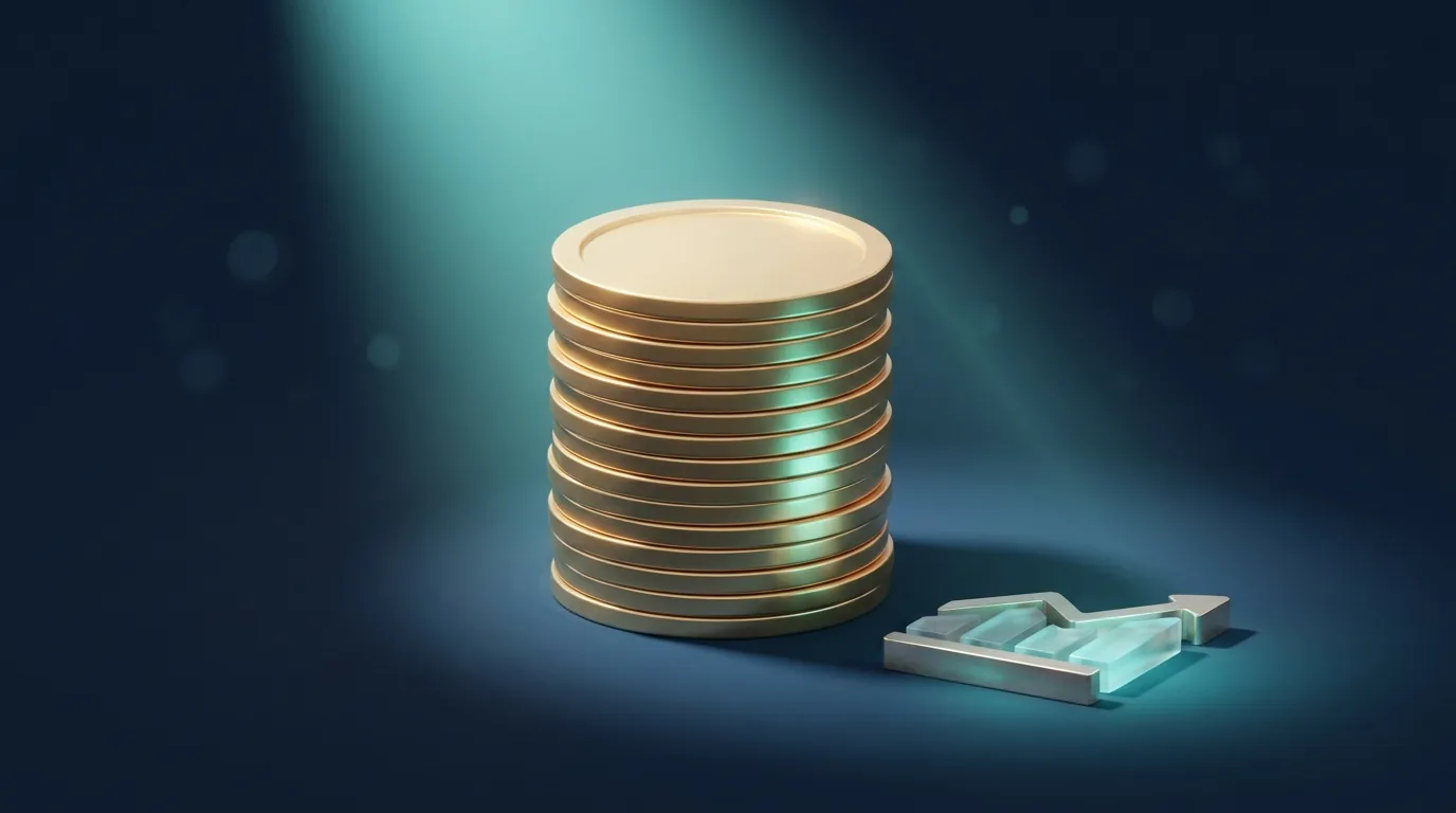 Troca de ERP representada por uma pilha de moedas com um núcleo de luz teal no topo