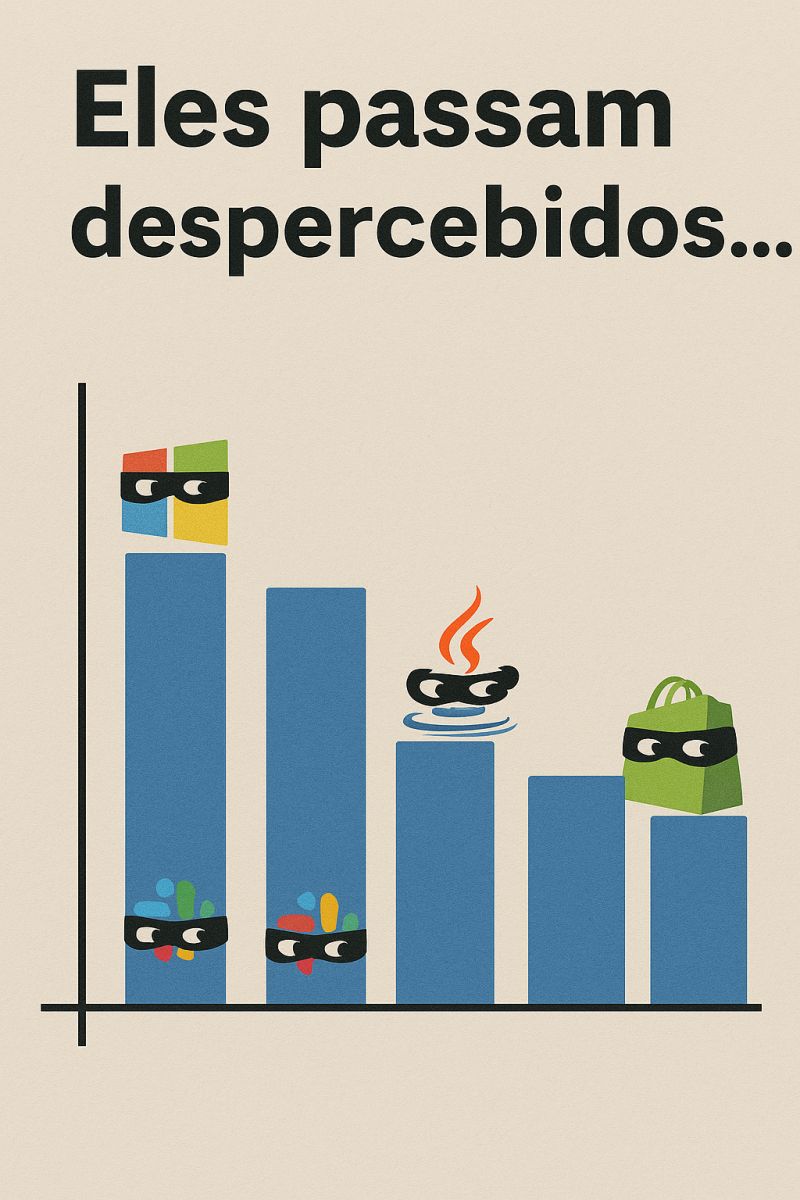 Ilustração de um gráfico de barras decrescente com ícones de softwares mascarados, representando custos ocultos com assinaturas