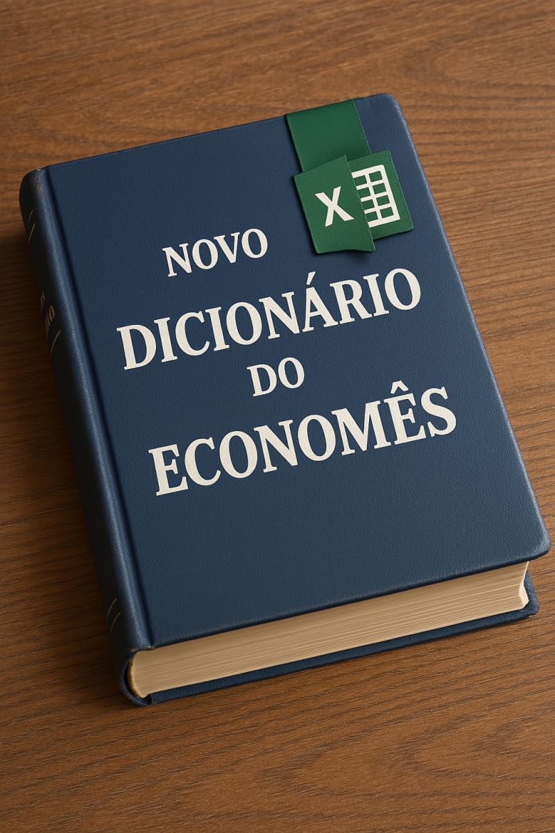 Capa ilustrada do livro Novo Dicionário do Economês, com um clipe de planilha na lombada