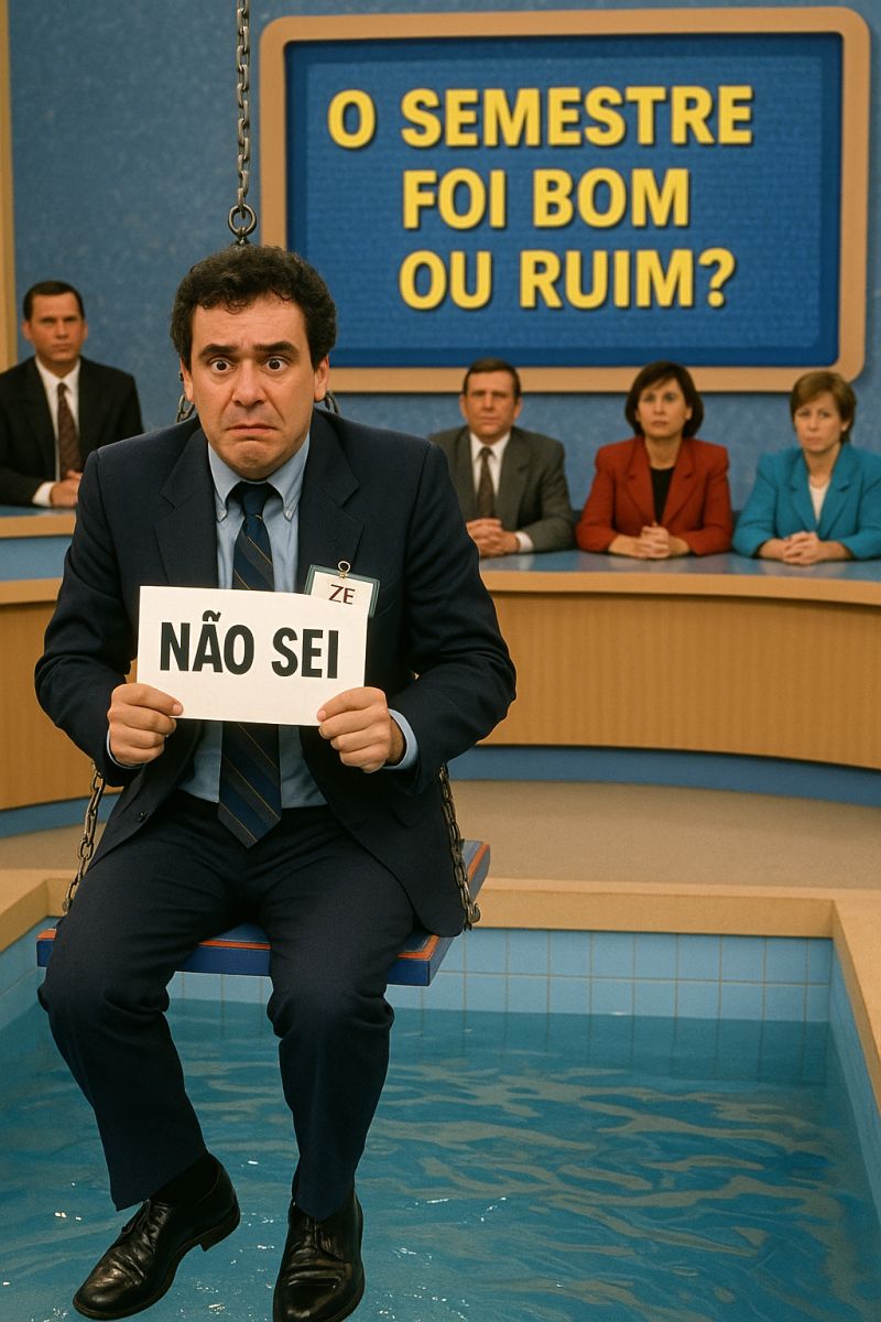 Cena de um game show de TV em que um participante segura uma placa escrita NÃO SEI, ilustrando a pior resposta de um controller sobre os resultados do semestre