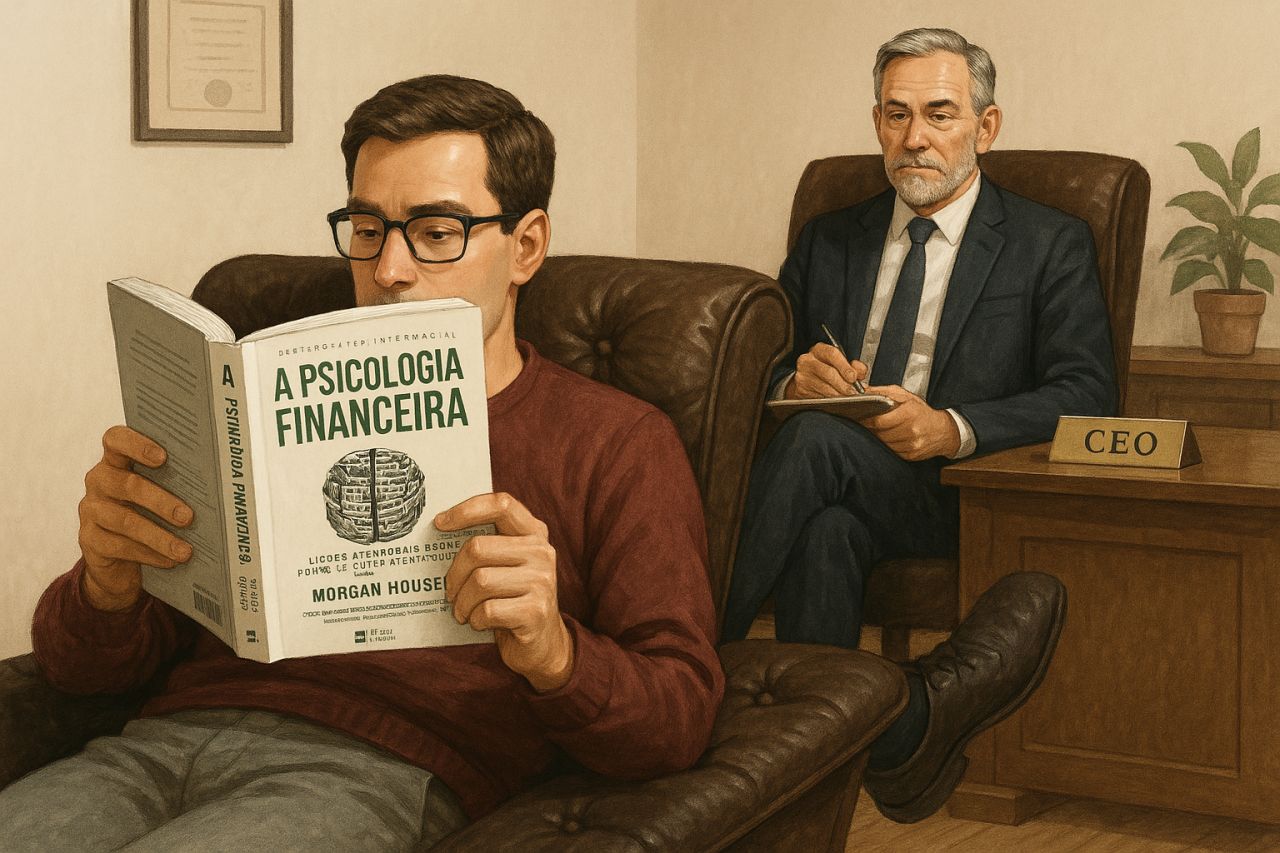 Ilustração de um profissional lendo o livro A Psicologia Financeira, de Morgan Housel, enquanto um CEO anota ao fundo