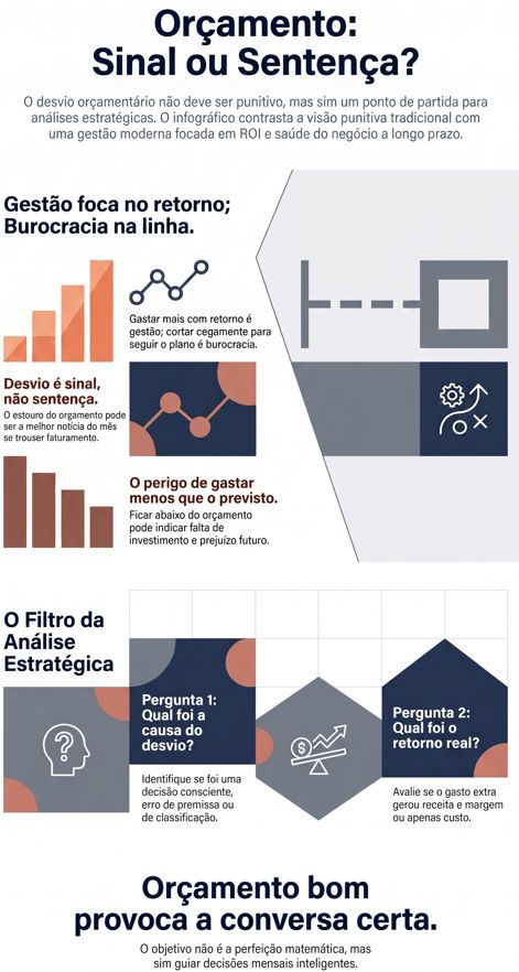 Infográfico Orçamento: Sinal ou Sentença?, com gráficos de barras e o filtro de duas perguntas: qual foi a causa do desvio e qual foi o retorno real