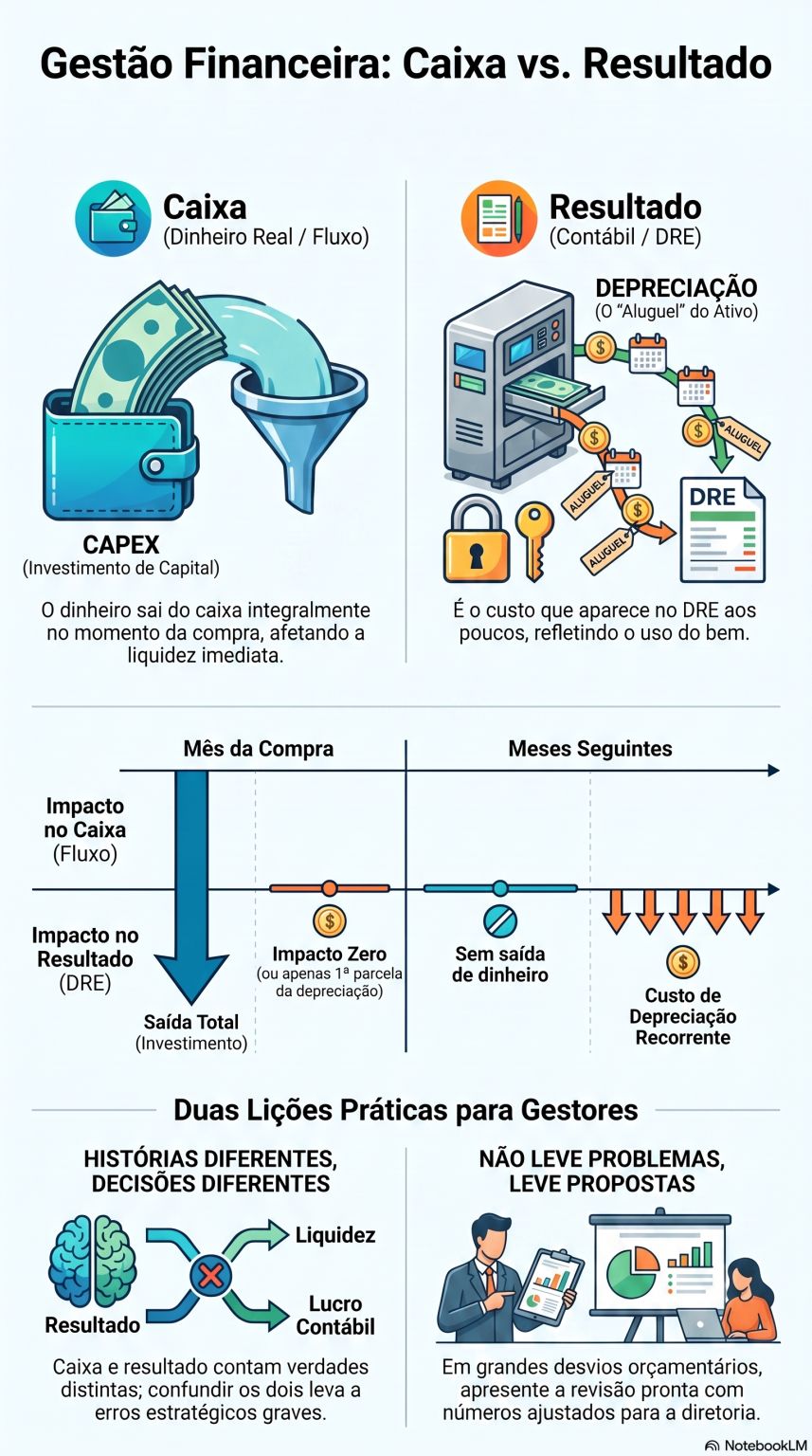 Infográfico Gestão Financeira: Caixa vs. Resultado, com Capex saindo do caixa na compra e depreciação entrando no DRE mês a mês