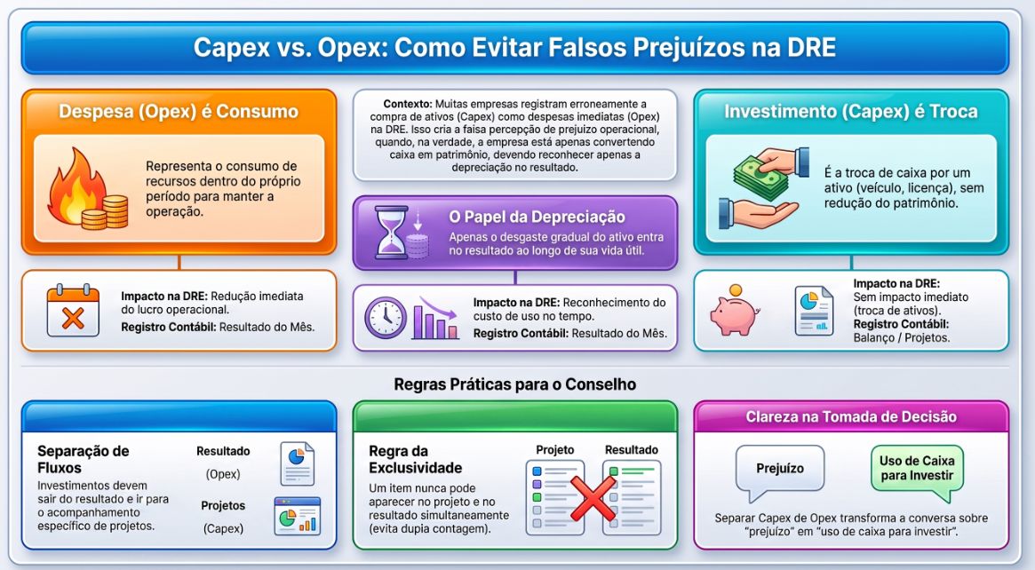 Infográfico Capex vs. Opex: despesa como consumo, investimento como troca de caixa por ativo, papel da depreciação e regras práticas para o conselho