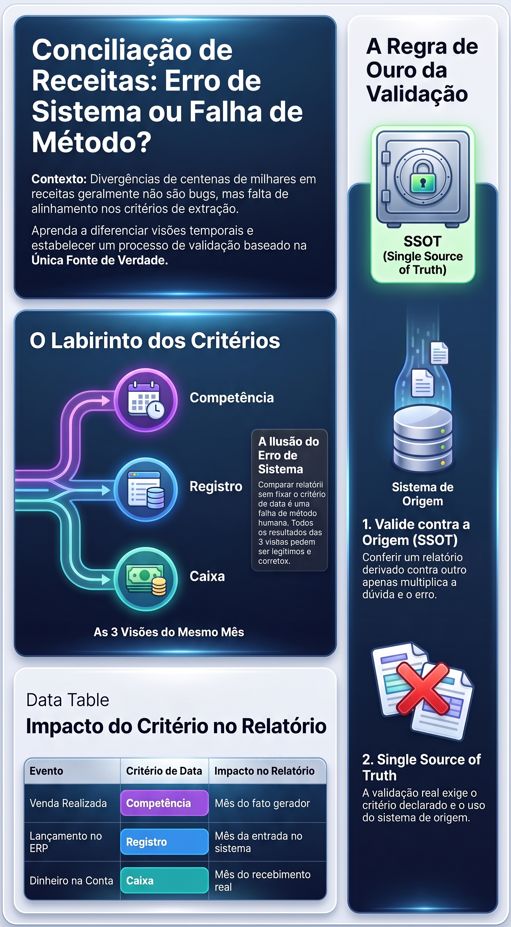 Painel "Conciliação de Receitas: Erro de Sistema ou Falha de Método?" com competência, registro e caixa e a regra de validar no sistema de origem