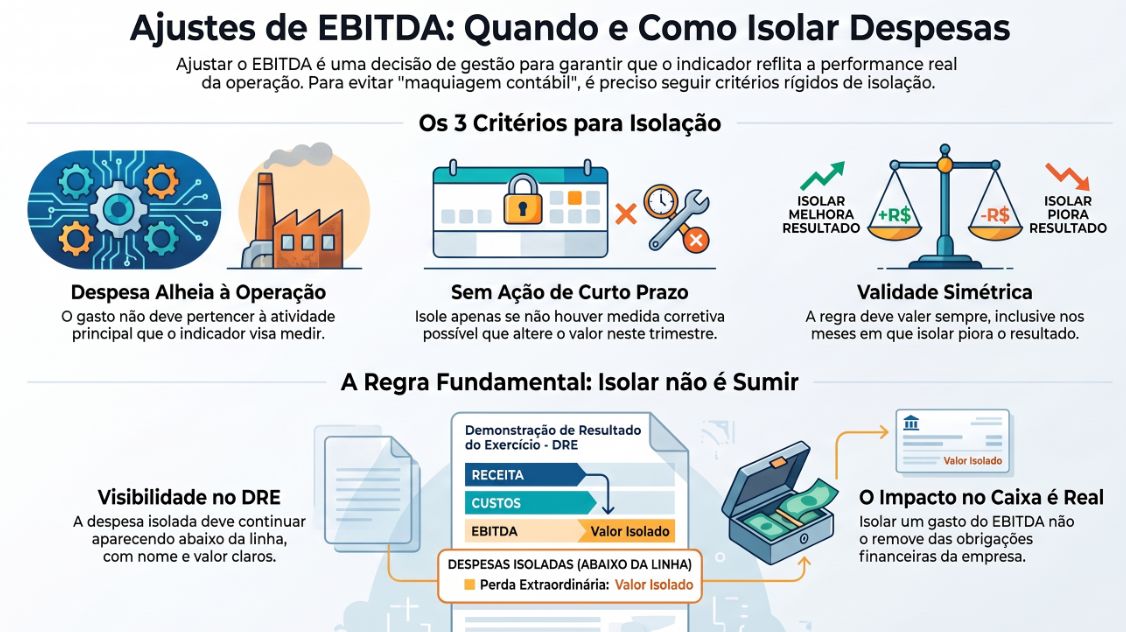 Infográfico "Ajustes de EBITDA: Quando e Como Isolar Despesas" com três critérios de isolação e um DRE com despesas abaixo da linha