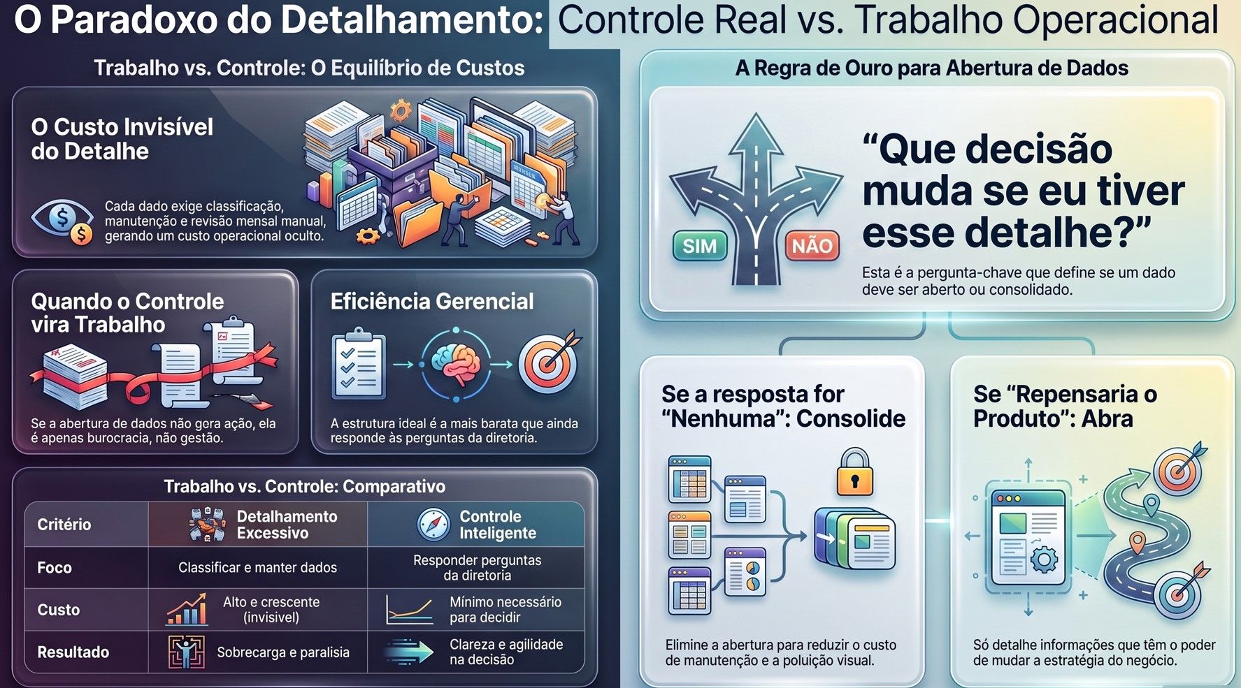 Infográfico O Paradoxo do Detalhamento: custo invisível do detalhe, pergunta sobre qual decisão muda e regra de consolidar ou abrir dados