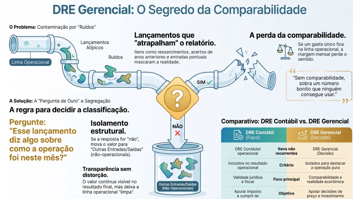 Infográfico "DRE Gerencial: O Segredo da Comparabilidade" com lançamentos atípicos desviados para outras entradas e saídas