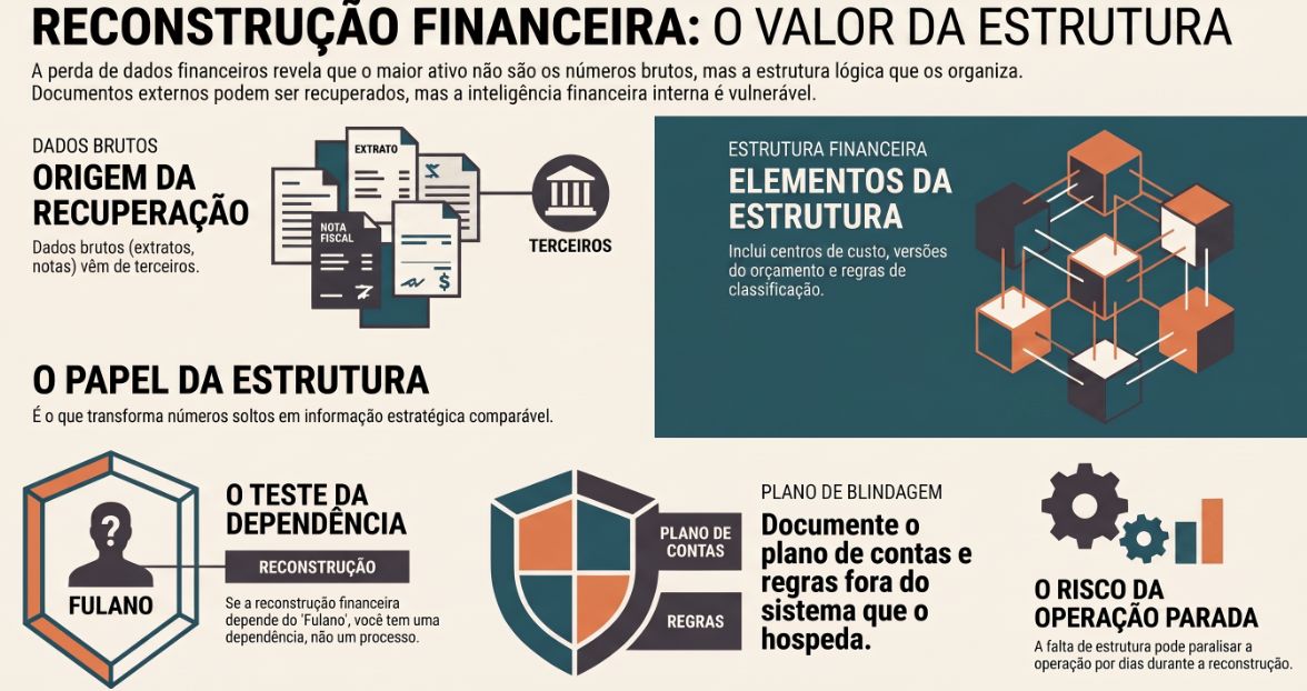Infográfico Reconstrução financeira: dados brutos vindos de terceiros, estrutura com centros de custo e o teste da dependência do Fulano