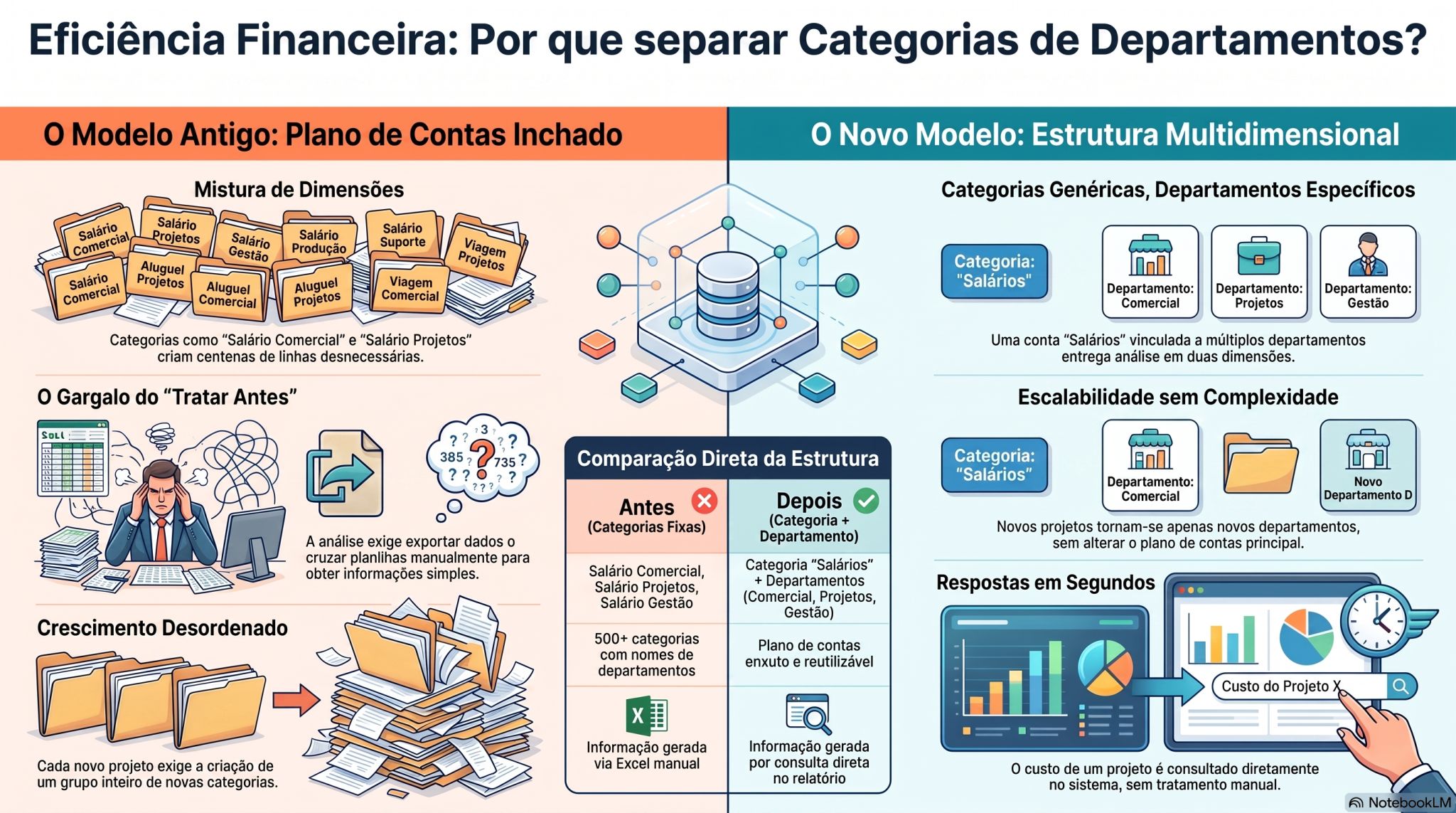 Infográfico compara o plano de contas inchado, com contas como Salário Comercial, ao modelo com a categoria Salários ligada a departamentos