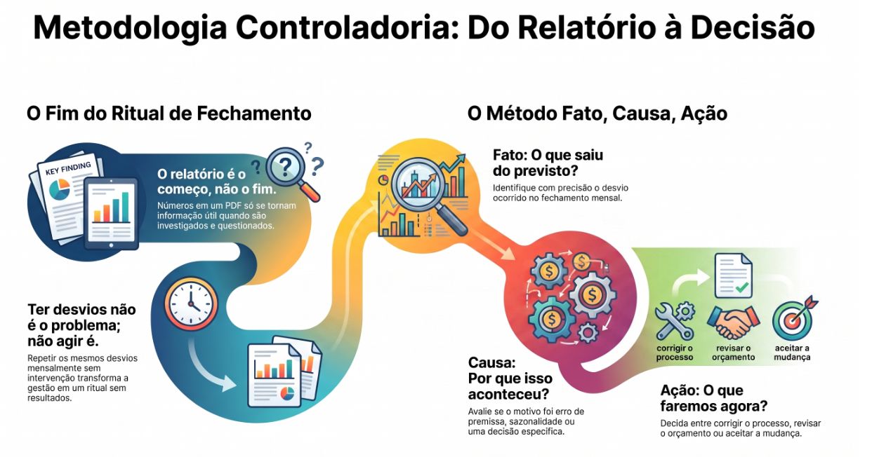 Infográfico Metodologia Controladoria: do relatório à decisão, com trilha do ritual de fechamento ao método Fato, Causa, Ação e suas três saídas