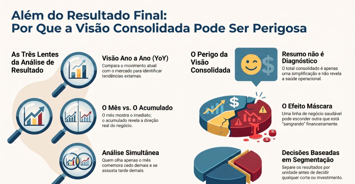 Infográfico sobre o perigo da visão consolidada: três lentes de análise com lupas e pizza rachada mostrando uma linha de negócio sangrando