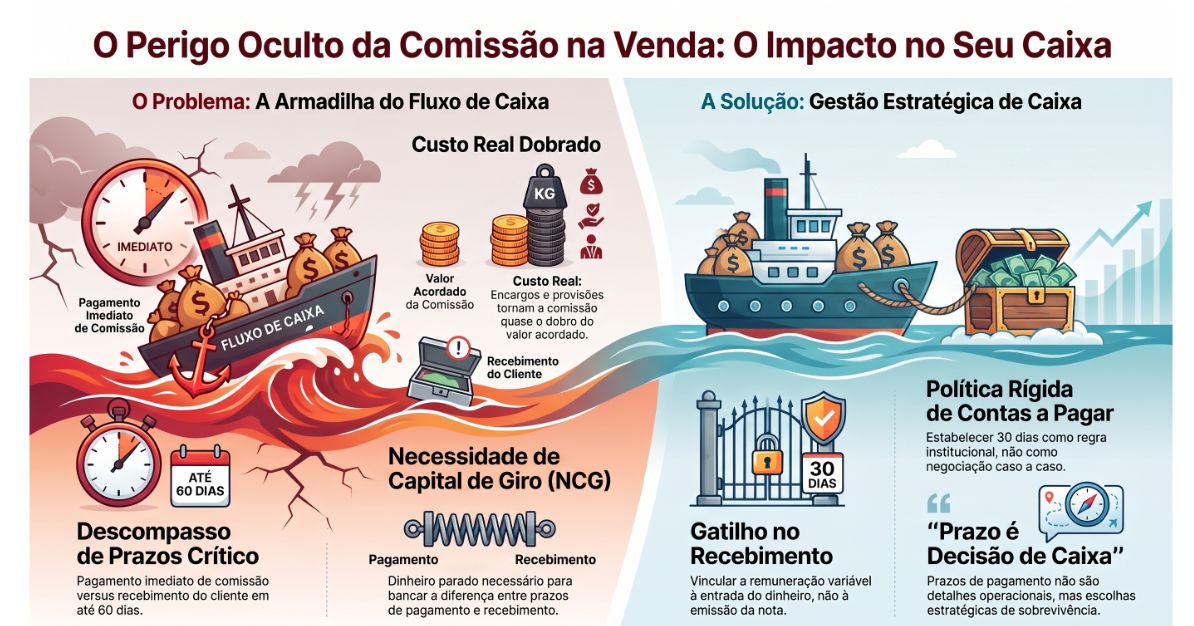 Infográfico sobre comissão paga na venda: navio afundando no fluxo de caixa com prazo de até 60 dias, e a solução com gatilho no recebimento e 30 dias