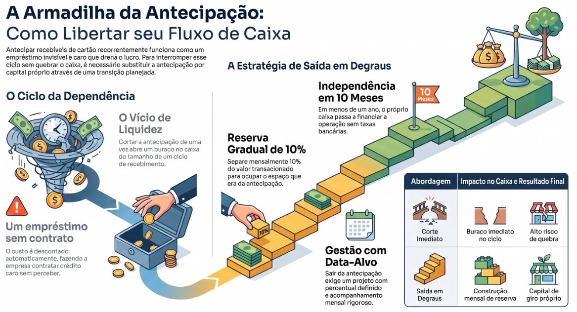 Infográfico A Armadilha da Antecipação: escada de saída em degraus com reserva de 10% ao mês até a independência em 10 meses, e tabela de abordagens