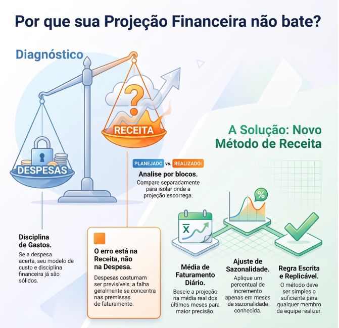 Infográfico Por que sua Projeção Financeira não bate: balança de despesas e receita, e método de média de faturamento diário ajustada à sazonalidade