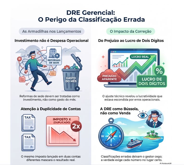Infográfico DRE Gerencial: o perigo da classificação errada, com reforma de sede no gasto do mês, imposto duplicado e virada de prejuízo para lucro