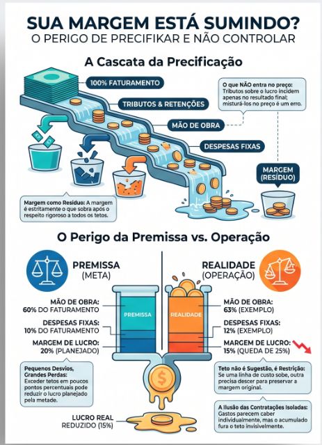 Infográfico A Cascata da Precificação: do faturamento a tributos, mão de obra e despesas fixas até a margem, com lucro planejado de 20% caindo a 15%
