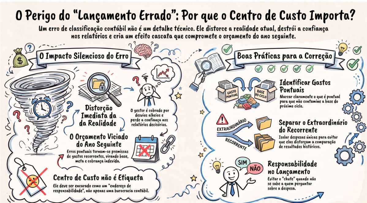 Infográfico O Perigo do Lançamento Errado: impacto do erro de centro de custo no orçamento seguinte e boas práticas para separar pontual de recorrente