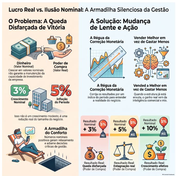 Infográfico Lucro Real vs. Ilusão Nominal: crescimento nominal de 3% contra inflação de 5% e três cenários de resultado real em poder de compra