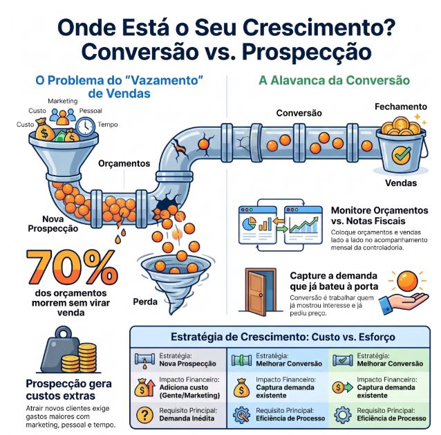 Infográfico Conversão vs. Prospecção: cano com vazamento mostra 70% dos orçamentos morrendo sem virar venda e tabela compara custo das estratégias